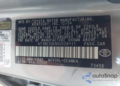 2005 Toyota Camry Le from USA, damaged, VIN 4T1BE32K95U528111